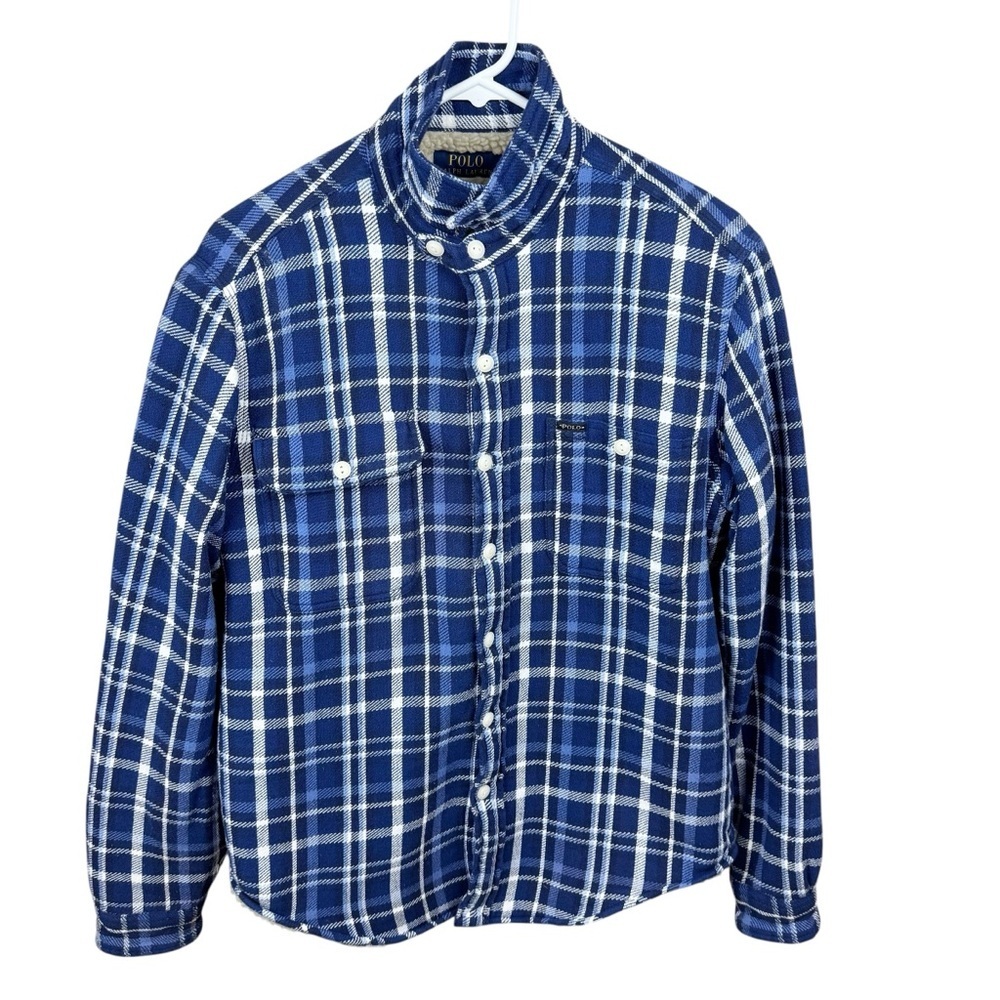 Polo Ralph Lauren Navy & White Check Plaid Classic Fit Sherpa Lined Button Coat